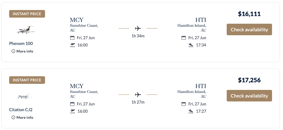 Sunshine Coast to Hamilton Island private jet price
